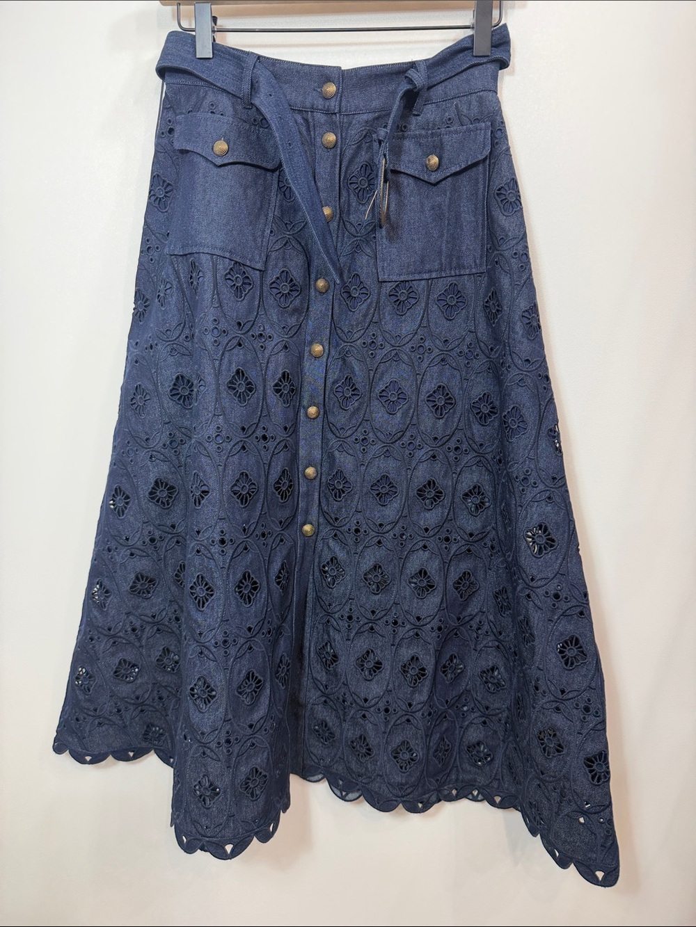 Saloni denim embroidered Kali midi skirt blue size 4